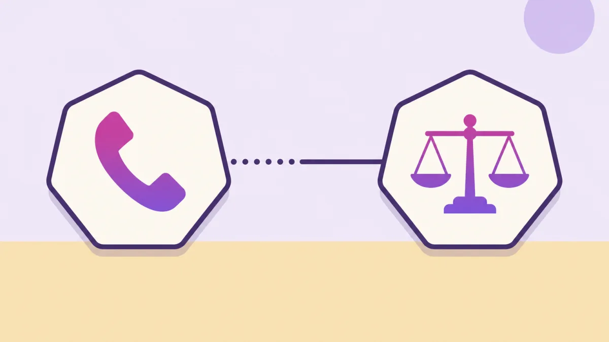 Ilustración plana: dos heptágonos crema de contorno violeta sobre fondo lavanda y suelo arena, el de la izquierda con un auricular de teléfono y el de la derecha con una balanza, ambos en degradado magenta y violeta, unidos por una línea de puntos que se vuelve continua a mitad de camino