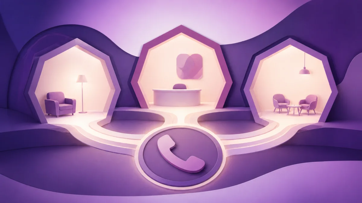 Tres espacios de atención conectados por un teléfono sobre formas heptagonales violetas