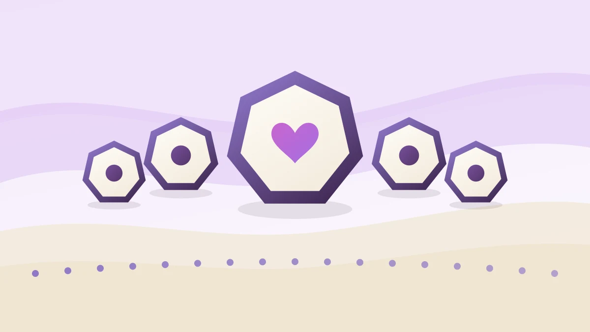 Cuatro heptágonos pequeños acompañan a uno mayor con un corazón, todos sobre un mismo camino de puntos
