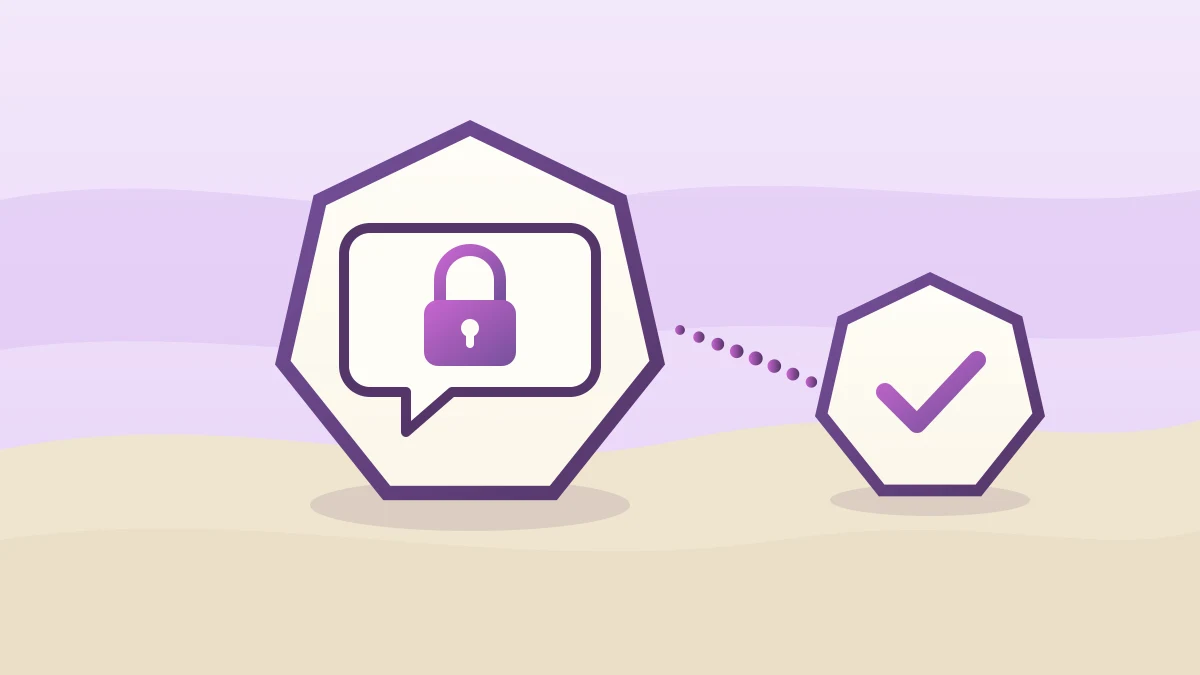 Heptágono con un bocadillo de conversación que contiene un candado cerrado, unido por una línea de puntos a un heptágono menor con una marca de verificación, sobre fondo lavanda y crema