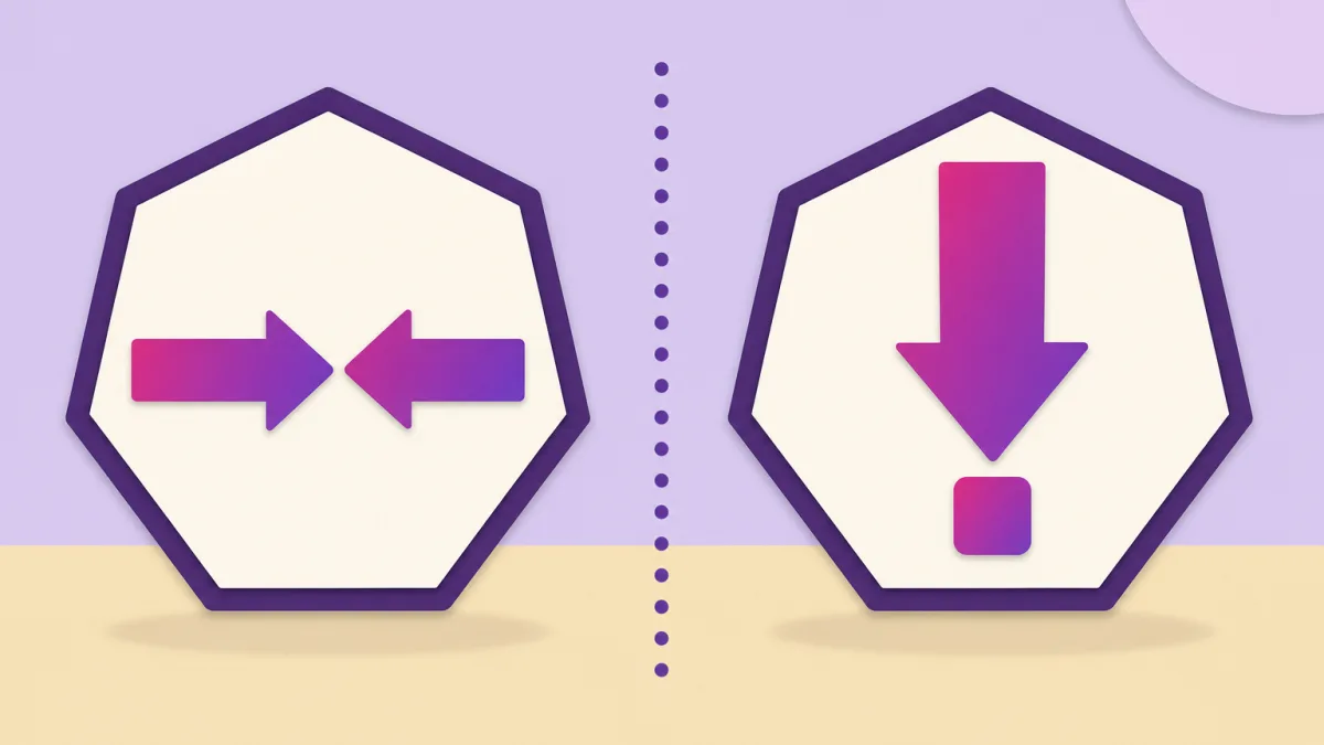 Ilustración plana: dos heptágonos crema de contorno violeta oscuro sobre fondo lavanda y suelo arena, separados por una línea vertical de puntos; el de la izquierda contiene dos flechas iguales enfrentadas, el de la derecha una flecha grande que apunta hacia abajo a una forma pequeña, ambas en degradado magenta y violeta