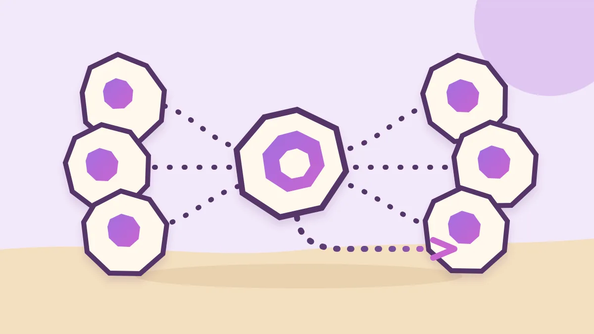 Ilustración plana sobre fondo lavanda y suelo arena: varios heptágonos pequeños conectados por líneas de puntos convergen alrededor de un heptágono central, con un recorrido abierto hacia el exterior