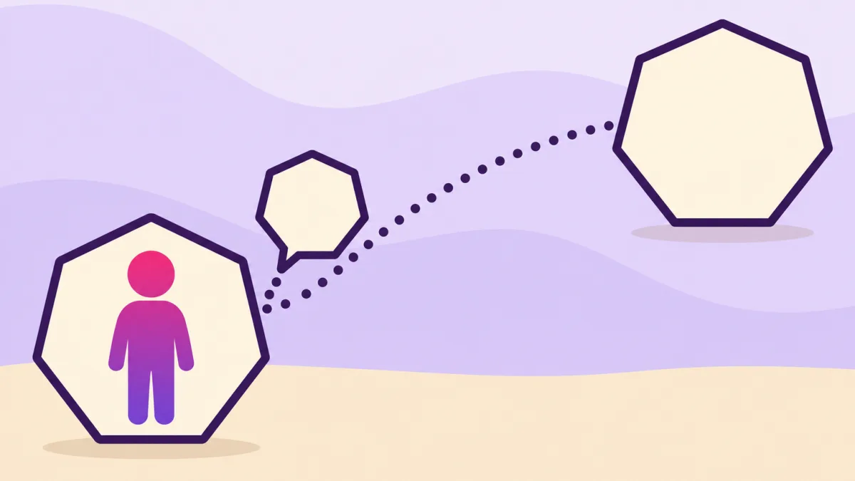 Ilustración plana: dentro de un heptágono crema, la silueta de una criatura en degradado magenta y violeta emite un pequeño bocadillo heptagonal que recorre una línea de puntos hasta un heptágono mayor