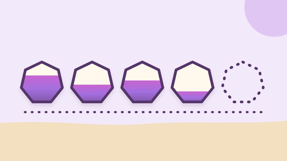 Cinco heptágonos alineados sobre fondo lavanda: cuatro llenos a distintas alturas con un degradado violeta y el quinto vacío, dibujado solo con puntos
