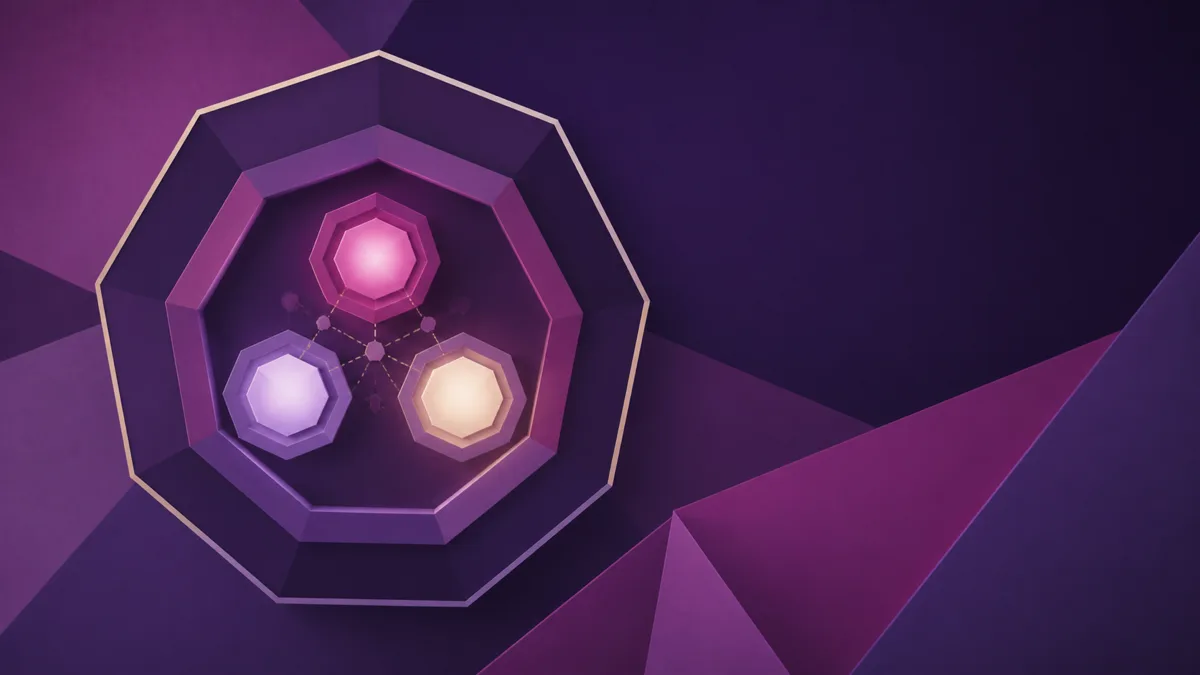 Tres formas heptagonales luminosas protegidas por una estructura violeta mayor