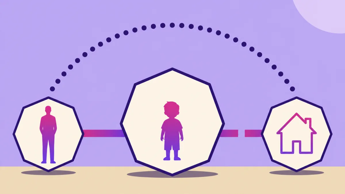 Ilustración plana sobre fondo lavanda y suelo arena: tres heptágonos crema de contorno violeta oscuro bajo un gran arco de puntos; el central, mayor, contiene la silueta de una criatura en degradado magenta y violeta, unida por una barra continua del mismo degradado a un heptágono con una silueta adulta a la izquierda y por una barra partida por un hueco a otro con una casa a la derecha