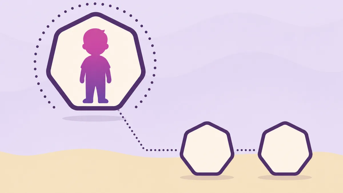 Ilustración geométrica: un heptágono violeta elevado protege la silueta de una criatura, mientras dos heptágonos vacíos quedan en un nivel inferior