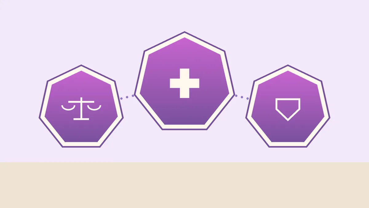 Ilustración plana: tres heptágonos en degradado magenta y violeta con borde crema sobre fondo lavanda, unidos por una línea de puntos, con una balanza, una cruz sanitaria y un escudo en su interior