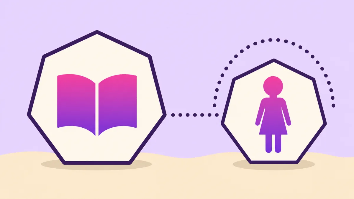 Ilustración plana: un heptágono crema grande de contorno violeta oscuro contiene un libro abierto en degradado magenta y violeta; una línea horizontal de puntos lo une a un heptágono menor con la silueta de una niña, cubierto por un arco de puntos violeta oscuro, sobre fondo lavanda y suelo arena