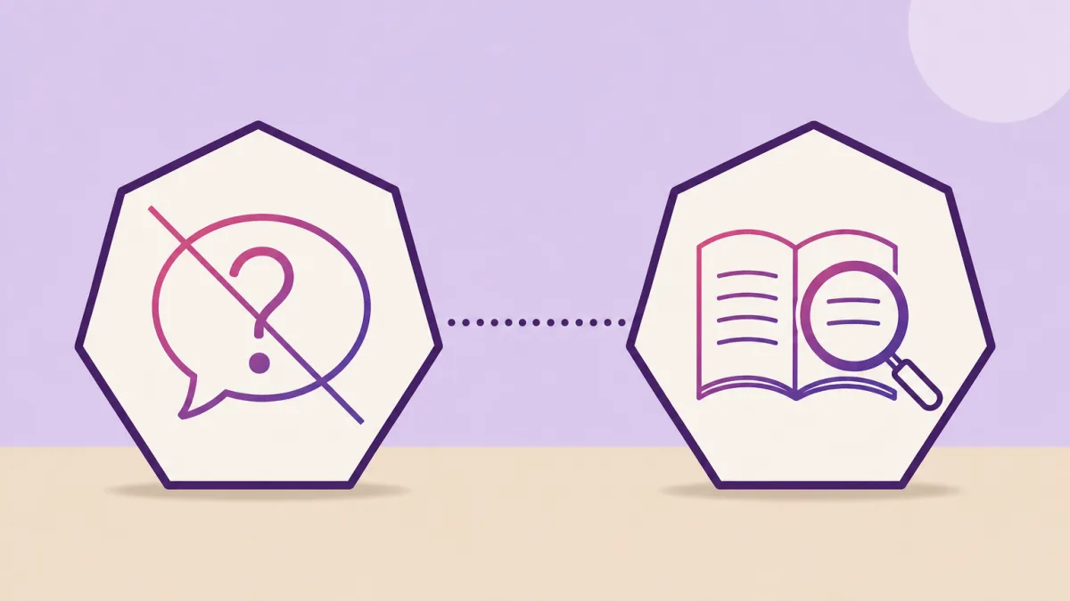 Ilustración plana: dos heptágonos crema de contorno violeta sobre fondo lavanda y suelo arena, el de la izquierda con un bocadillo de diálogo con un signo de interrogación tachado, el de la derecha con un libro abierto bajo una lupa, ambos en degradado magenta y violeta, unidos por una línea de puntos