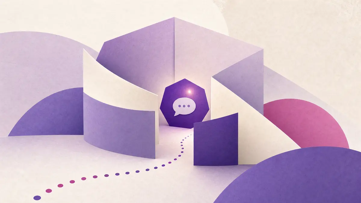 Camino de puntos hacia un símbolo de conversación protegido por formas violetas