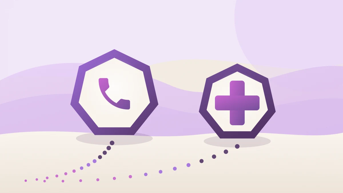 Dos heptágonos sobre fondo lavanda, uno con un auricular de teléfono y otro con una cruz de emergencia, unidos por caminos de puntos