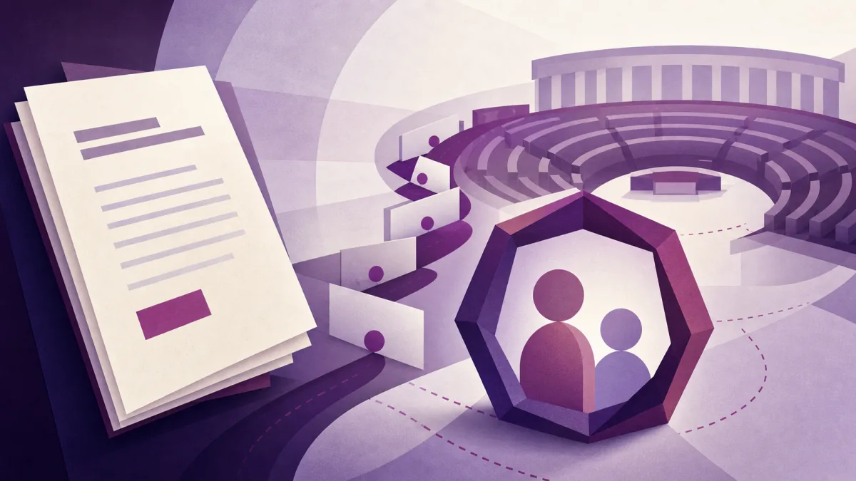 Documento legislativo y hemiciclo unidos por un recorrido hacia una figura protectora heptagonal