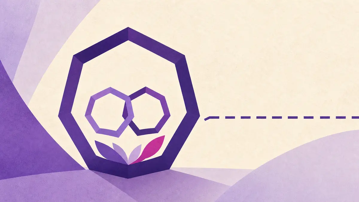 Formas heptagonales enlazadas dentro de una figura protectora en tonos violetas