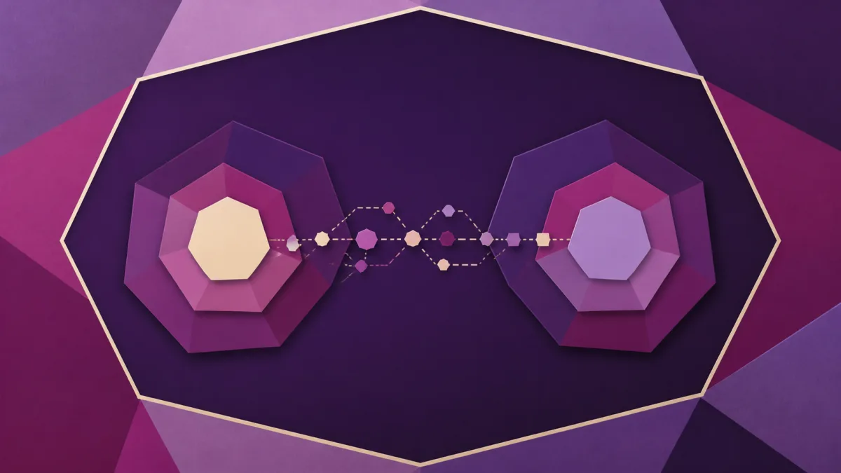Dos estructuras heptagonales separadas que siguen conectadas por recorridos geométricos sobre un fondo violeta
