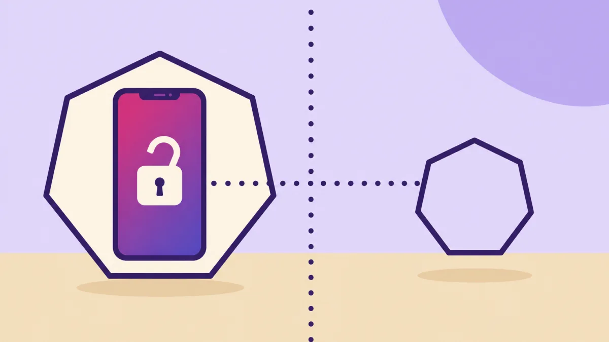 Ilustración plana: un heptágono crema de contorno violeta oscuro guarda un teléfono móvil cuya pantalla, en degradado magenta y violeta, muestra un candado abierto; una línea vertical de puntos violeta separa la escena y una línea horizontal de puntos la cruza desde un heptágono pequeño y vacío de la derecha hasta el teléfono, sobre fondo lavanda y suelo arena