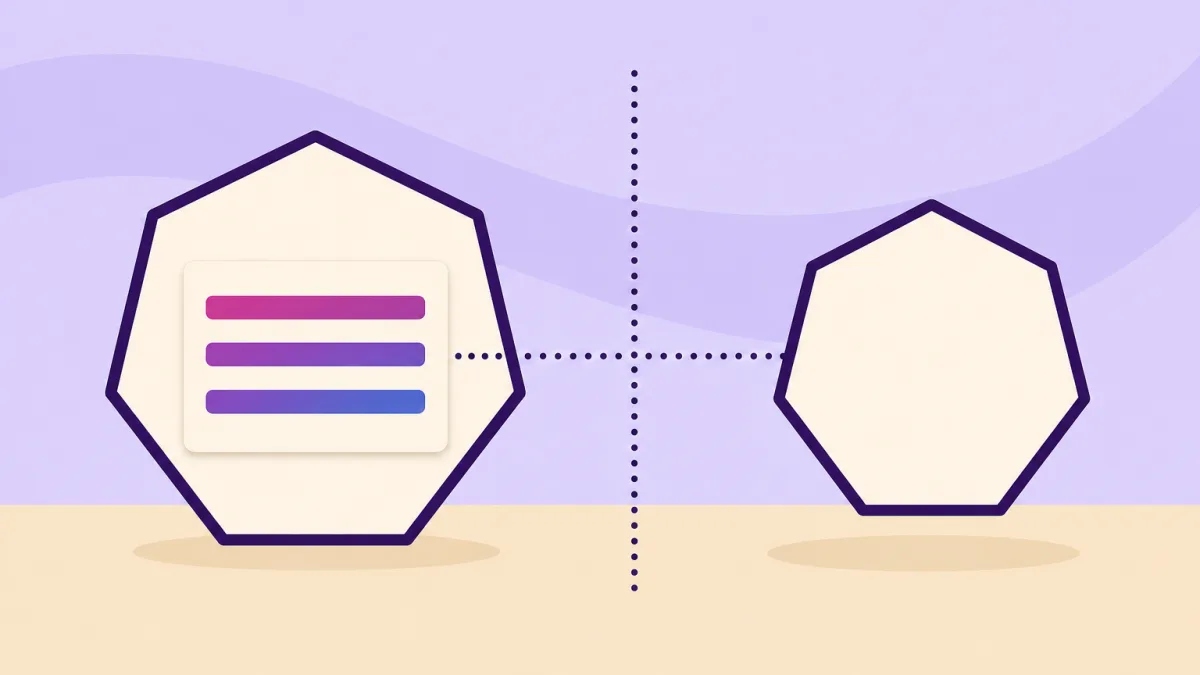 Ilustración plana: dos heptágonos de contorno violeta oscuro separados por una línea vertical de puntos; el de la izquierda guarda una tarjeta crema con tres barras en degradado magenta, violeta y azul, y una línea horizontal de puntos cruza la separación hasta el heptágono vacío de la derecha, sobre fondo lavanda y suelo arena