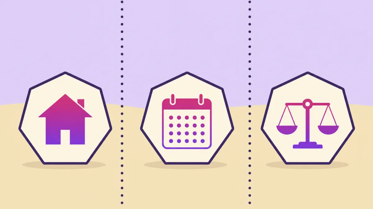 Ilustración plana: tres heptágonos crema de contorno violeta oscuro alineados sobre fondo lavanda y suelo arena, separados por líneas verticales de puntos; dentro de cada uno, en degradado magenta y violeta, una casa, un calendario y una balanza
