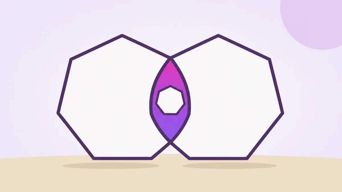 Ilustración plana: dos heptágonos grandes se solapan y la zona común, en magenta, contiene un heptágono pequeño, sobre fondo lavanda y suelo arena