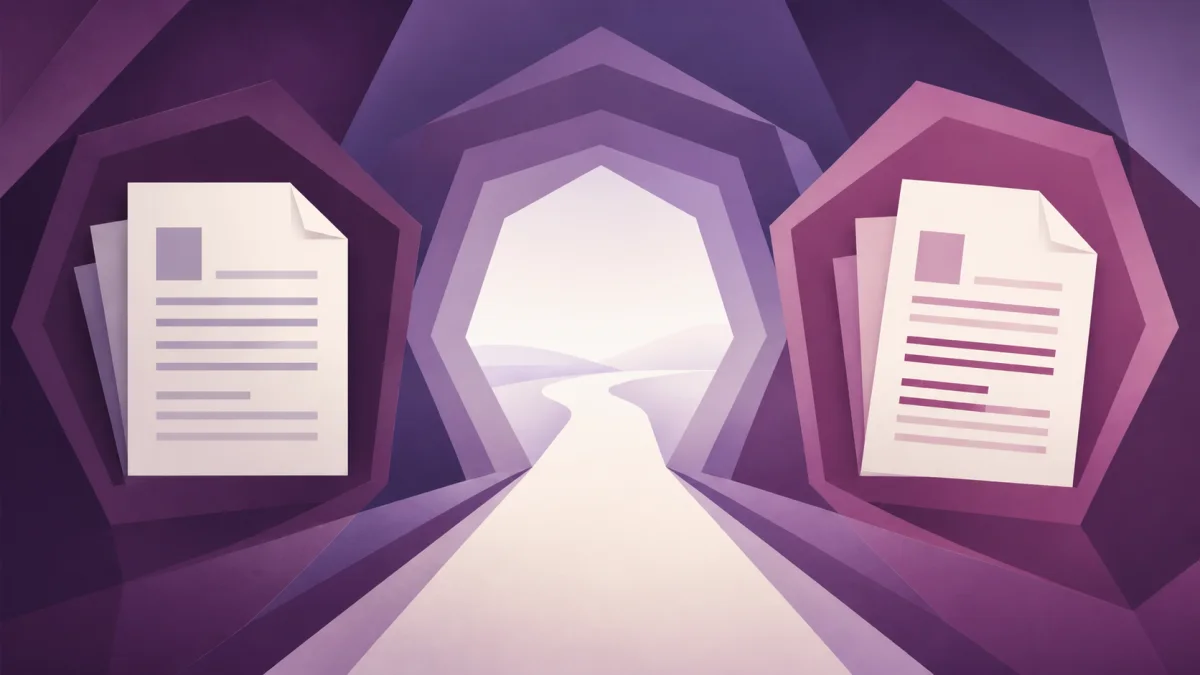 Dos documentos jurídicos abstractos conectados por un camino entre formas heptagonales violetas