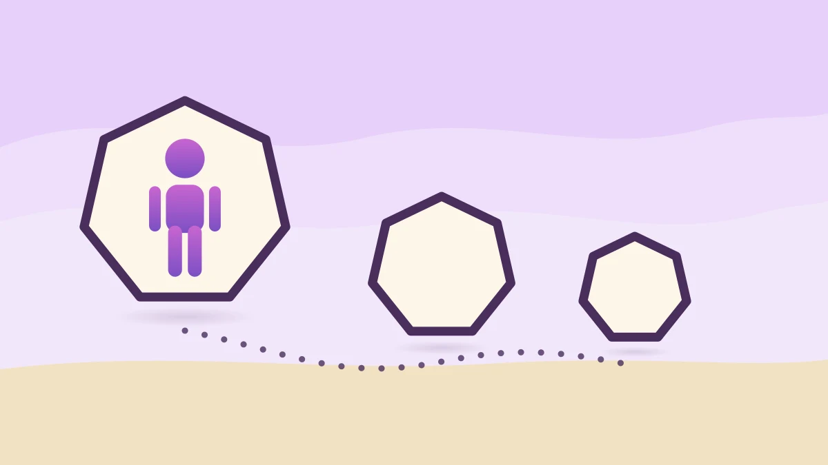 Ilustración plana: tres heptágonos de contorno violeta y tamaño decreciente, alineados sobre fondo lavanda y unidos por una línea de puntos; dentro del mayor, la silueta de una criatura de pie en degradado magenta y violeta