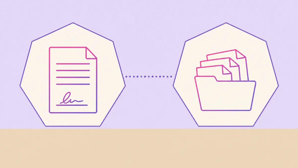 Ilustración plana: dos heptágonos crema de contorno violeta sobre fondo lavanda y suelo arena, el de la izquierda con un documento firmado y el de la derecha con una carpeta abierta de la que asoman varias hojas, ambos en degradado magenta y violeta, unidos por una línea de puntos