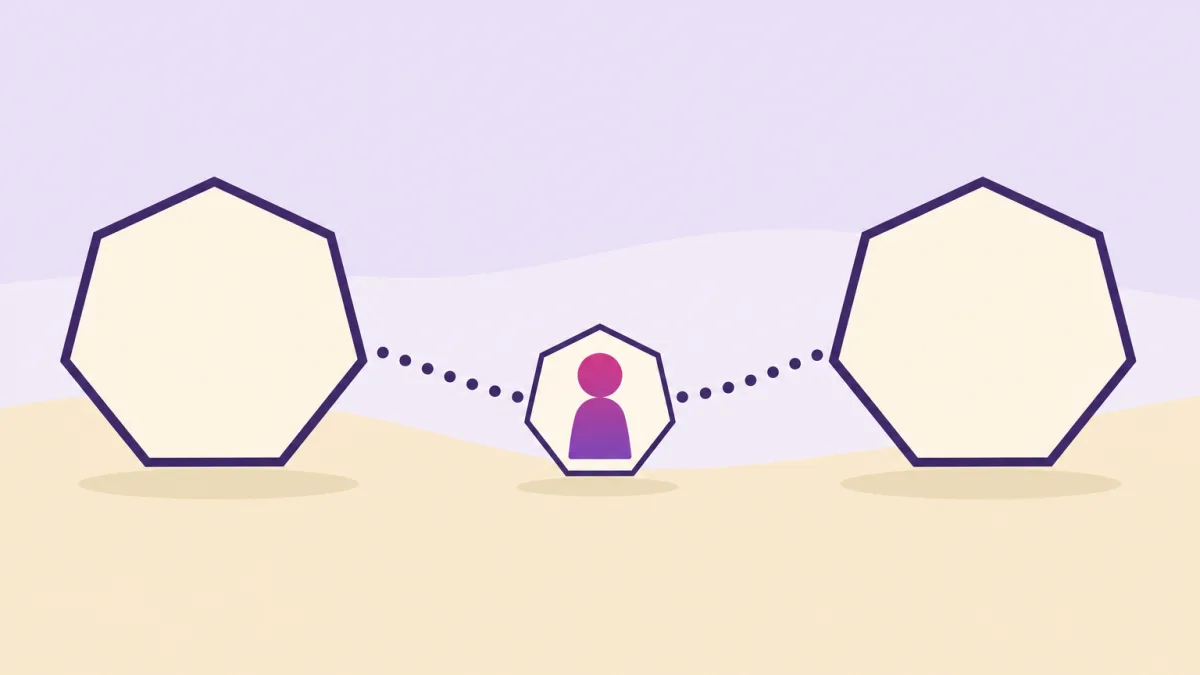 Ilustración plana: dos heptágonos de contorno violeta separados por un espacio, unidos todavía por un camino de puntos que pasa por un heptágono pequeño con la silueta de una criatura