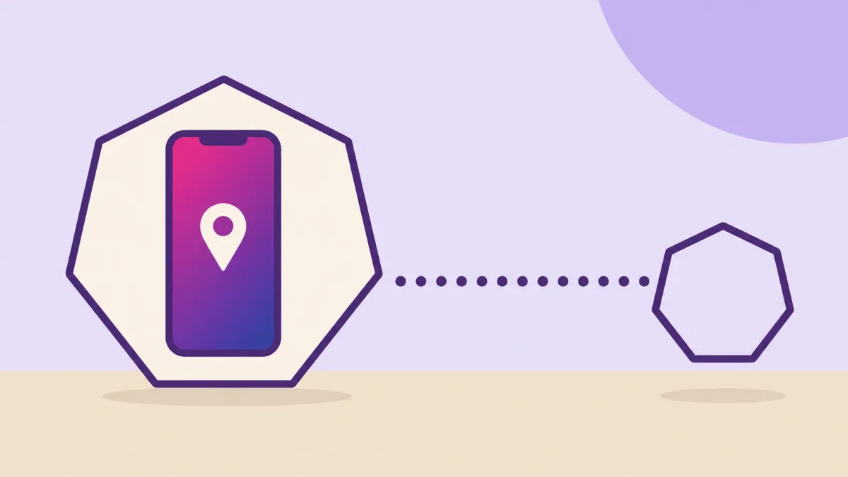 Ilustración plana: un heptágono crema de contorno violeta oscuro guarda un teléfono móvil cuya pantalla, en degradado magenta y violeta, muestra una chincheta de localización; una línea horizontal de puntos violeta llega desde el teléfono hasta un heptágono pequeño y vacío a la derecha, sobre fondo lavanda y suelo arena