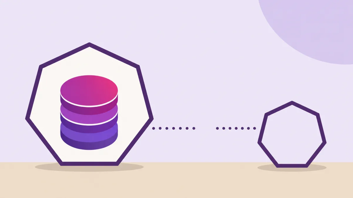 Ilustración plana: un heptágono grande de contorno violeta guarda una pila de monedas en degradado magenta y violeta; una línea de puntos sale hacia un heptágono pequeño y vacío, pero se interrumpe a mitad de camino, sobre fondo lavanda y suelo arena