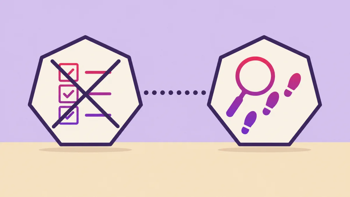 Ilustración plana sobre fondo lavanda y suelo arena: dos heptágonos crema de contorno violeta oscuro unidos por una línea horizontal de puntos; el de la izquierda contiene una lista de tres casillas marcadas en degradado magenta y violeta, tachada por un aspa, y el de la derecha una lupa del mismo degradado sobre cuatro huellas de pisada que avanzan en diagonal