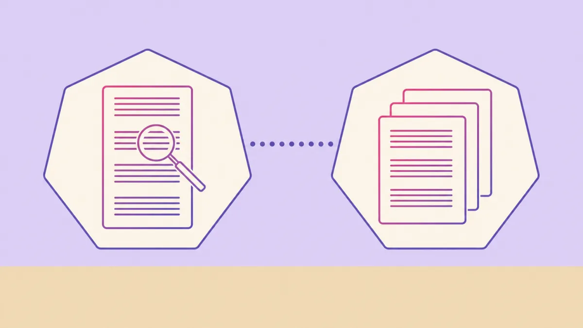Ilustración plana: dos heptágonos crema de contorno violeta sobre fondo lavanda y suelo arena, el de la izquierda con un documento de cuatro bloques de texto y una lupa encima, el de la derecha con una pila de tres documentos iguales, ambos en degradado magenta y violeta, unidos por una línea de puntos
