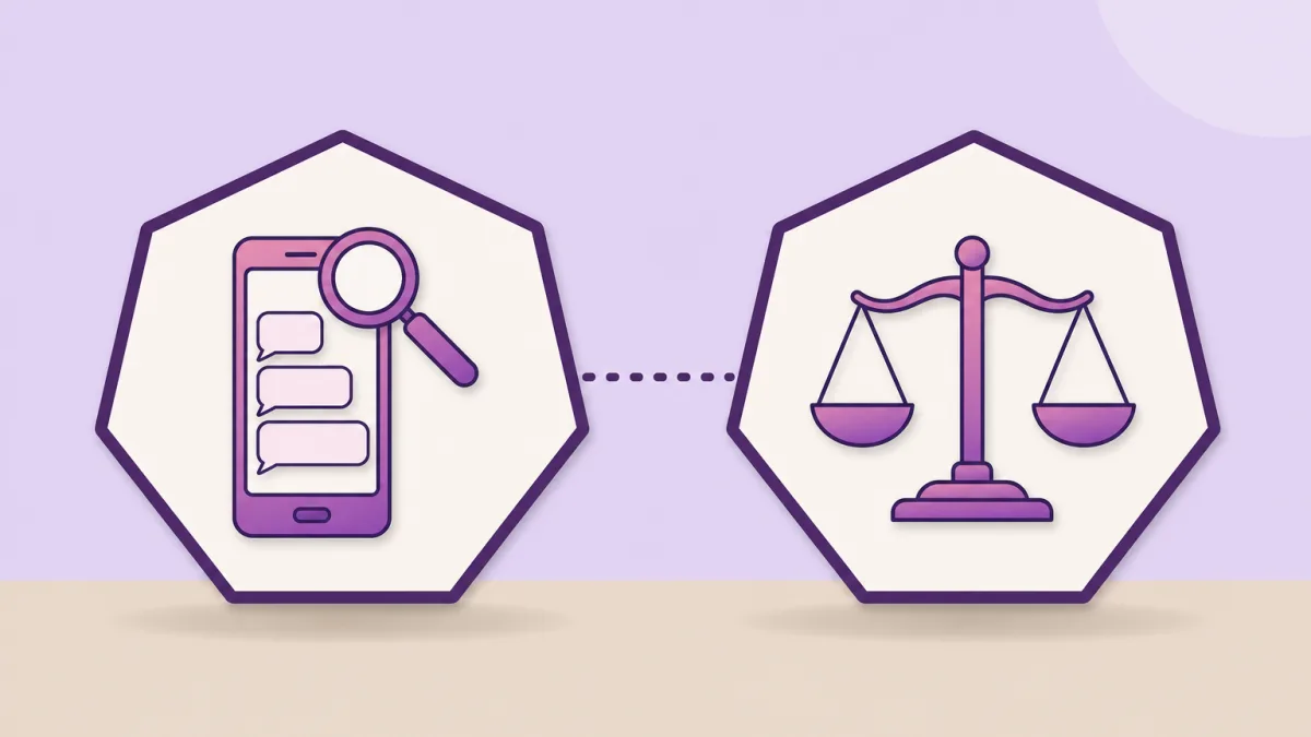 Ilustración plana: dos heptágonos crema de contorno violeta sobre fondo lavanda y suelo arena, el de la izquierda con un teléfono móvil con burbujas de mensaje y una lupa encima, el de la derecha con una balanza de dos platillos, ambos en degradado magenta y violeta, unidos por una línea de puntos