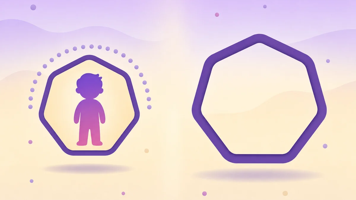 Ilustración abstracta: dos formas heptagonales violetas separadas por una barrera vertical clara, con una figura pequeña protegida a un lado