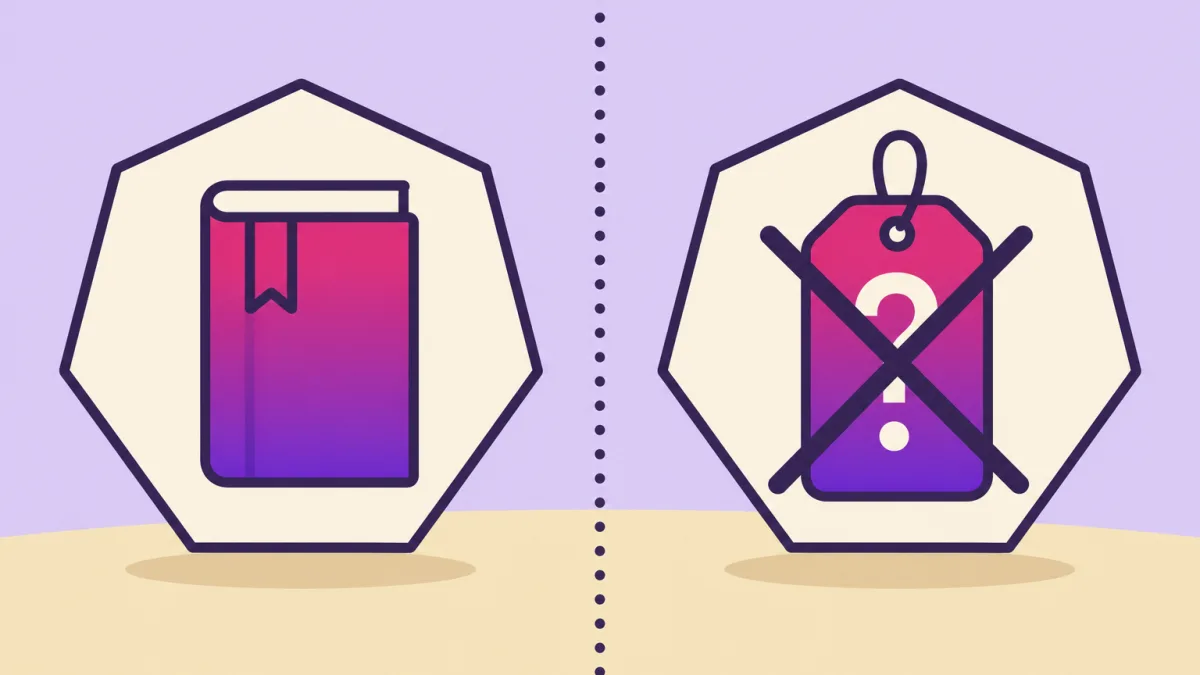 Ilustración plana: dos heptágonos crema de contorno violeta oscuro sobre fondo lavanda y suelo arena, separados por una línea vertical de puntos; el de la izquierda contiene un libro cerrado con un marcapáginas en degradado magenta y violeta, el de la derecha una etiqueta colgante con un signo de interrogación, tachada por un aspa